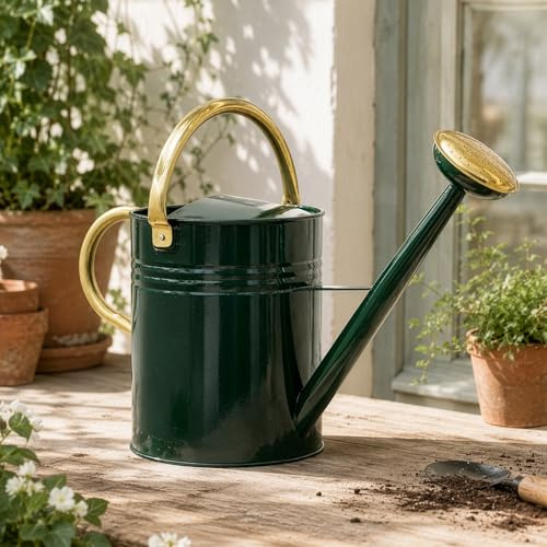 CKB LTD Annaffiatoio da esterno, grande, 9,5 l, in acciaio zincato di colore verde scuro, con rosa rimovibile e manico regolabile per grandi piccoli giardini, fiori e piante, resistente