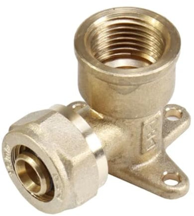 Gomito a 90° F/Filetto F con flangia e due fori di fissaggio 1/2 x20mm per tubo multistrato a compressione