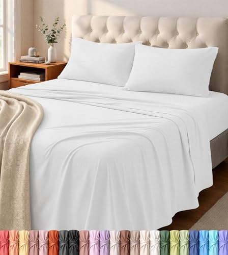 Jersey Knit Sheets 4 Piece, Cotton T-Shirt Feel, Queen, White