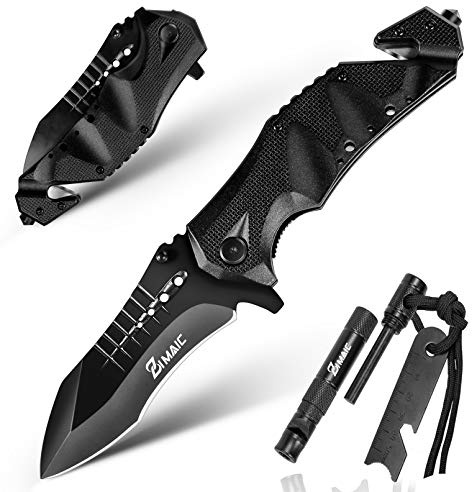 ZIMAIC Klappmesser Einhandmesser, Outdoor Messer EDC Messer- 5-in-1 Outdoor Taschenmesser mit Feuerstein，Glasbrecher & Gurtschneider für Camping & Survival