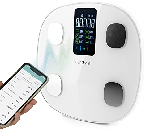 nah-vital® smarte Körperanalysewaage | digitale Personenwaage | Körperfettwaage mit App für 15 Körperdaten wie Körperfett, Gewicht, BMI, Muskelmasse und BMR | großes Display | bis zu 24 Profile