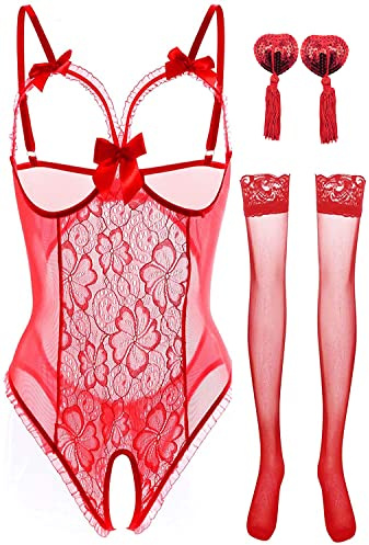 NLAND Conjunto de Lencería para Mujer Ropa Interior Suspender Backless Mesh Body de Encaje Bodysuit con Medias(Rojo,M)
