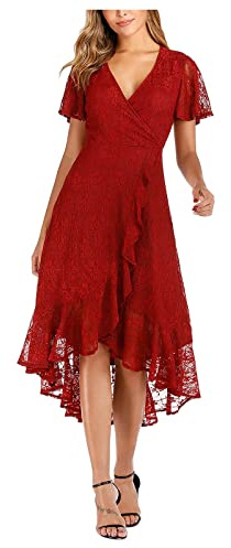 Ansenesna Abendkleid Vorne Kurz Hinten Lang Damen Abendkleider Elegant Für Hochzeit Festliches Kleid V Ausschnitt Spitze Rüschen Kleider Vokuhila Frauen Abendmode Cocktailkleid Hochzeitsgast Ballkleid