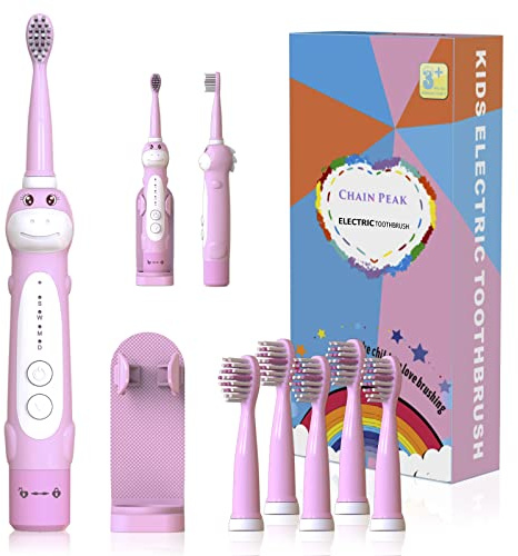 Cepillo de dientes de dinosaurio, cepillo de dientes eléctrico sónico recargable para niños, niño niña de 3 a 12 años, recordatorio de 30 segundos, temporizador de 2 minutos, 5 modos, 6 cabezales