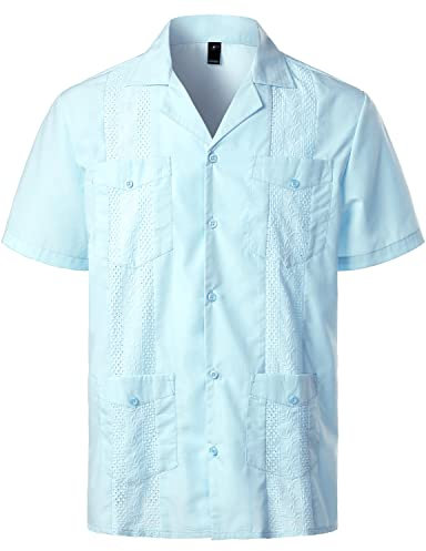VATPAVE Mens Short Sleeve Button Down Cuban Guayabera Summer Shirts XX-Large Light Blue
