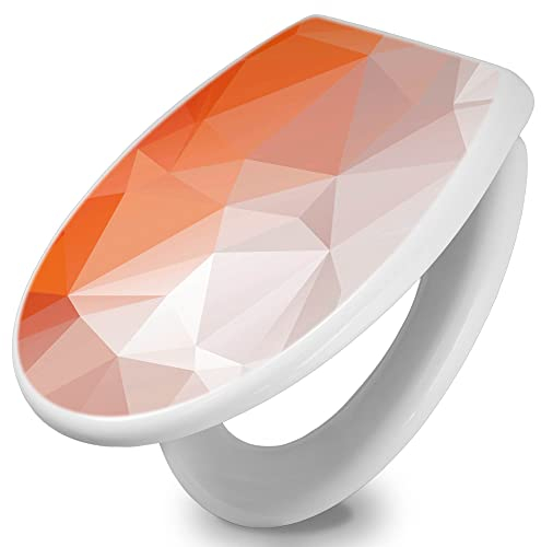 banjado Toilettendeckel mit Absenkautomatik 44,5x37cm / WC Brille Soft Close/hygienischer Toilettendeckel/Klodeckel Duroplast Edelstahl Scharniere einfache Montage/Motiv Orange Polygon