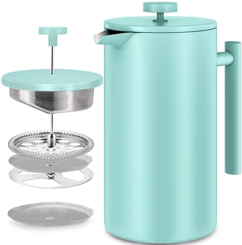 KICHLY 1000ml Stainless Steel French Press - Double Wall Coffee Press - Stainless Steel Plunger Coffee & Tea Maker (Sky Blue, 1.0 Ltr, Pack of 1)