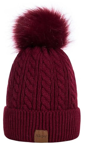 Warme Alepo Mütze Damen Winter mit Bommel, Beanie Mütze mit Fleece Gefütterte Weiche Skimanschettenmütze Burgund