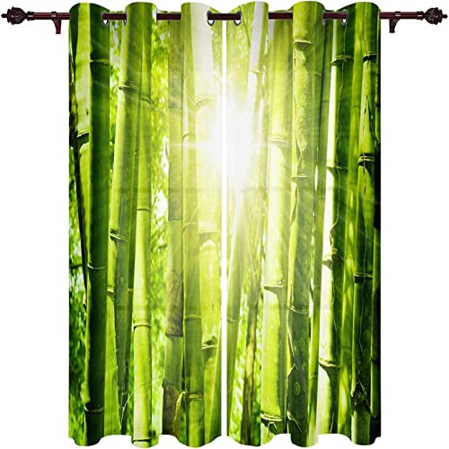 JOMAKE Bambus Vorhang 3D Grün Blickdicht Gardinen mit Ösen 2 Stück Verdunkelungsvorhänge Junge Mädchen Vorhang Verdunkelung Wärmeisolierend Schlafzimmer Gardine 2 x 91.5 x 214 cm（B X H）