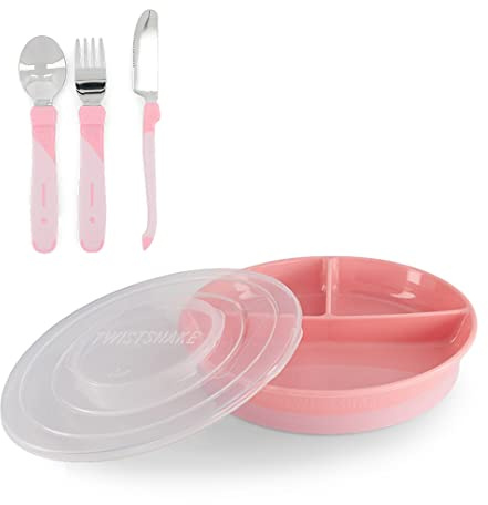 Twistshake Babygeschirr-Set | Geteilter Teller + Besteck 12m+ | BPA-frei | Ernährungstrainingsset für Kinder | Rosa