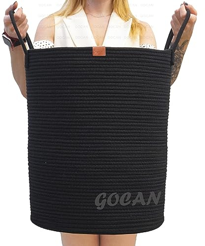 Gocan grande taille haute forte panier à linge tissé panier de rangement oreiller couverture salon ou chambre à coucher décoration jouet h50xd38cm noir