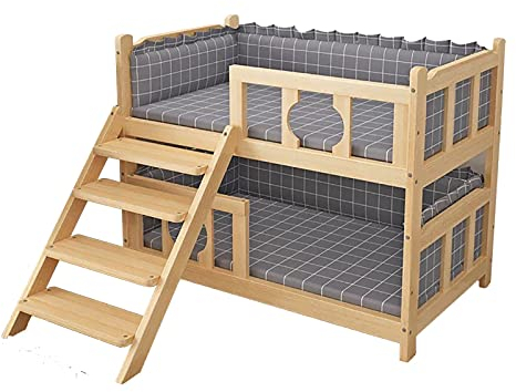 Erhöhtes Haustierbett aus massivem Holz mit grauem Kissen und Zaun für Hunde und Katzen, erhältlich in Längen von 45 cm bis 120 cm – perfekt für große/mittlere/kleine Haustiere 60 x 45 x 70 cm/23,6 x