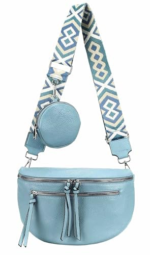 ITALYSHOP24 Damen Tasche Umhängetasche Brusttasche Muster Gürtel Bauchtasche Crossbody Gürteltasche Hüfttasche Crossover Bodybag Schultertasche Handytasche Leder Optik Hellblau