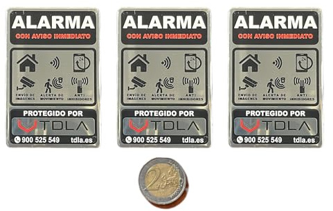 3 Disuasorios Alarma AUTÉNTiCOS Tdla Sistemas de Seguridad. 3 Etiquetas adhesivas de ALUMINIO resistente agua. PUERTA VENTANA BUZON Cartel Videovigilancia - 7,5X5 cm - Zona Videovigilada