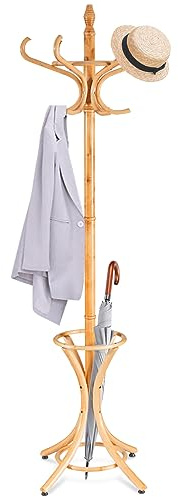HOMASIS 184 cm Kleiderständer, Garderobenständer mit 12 Haken & Schirmständer, Jackenständer Garderobe aus holz für Mänteln, Hüten & Taschen, Standgarderobe für Schlafzimmer & Flur (Natur)