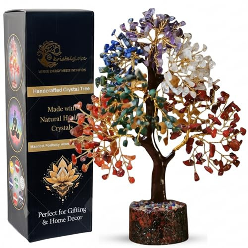 kristalglobe 7 Chakra Crystal Tree of Life 500 Beads, Healing Gemstone Money Tree for Wealth, Positive Energy & Feng Shui Decor