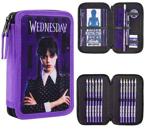 Wednesday Federmäppchen Mädchen Gefülltes Pencil Case Doppelmäppchen mit Stifte, Radiergummi, Notizbuch Mädchen Geschenke
