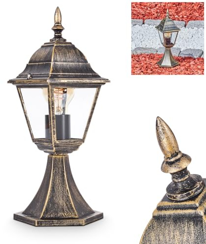 HOFSTEIN Außenwegeleuchte Naofe, Sockelleuchte aus Metall/Glas in Braun-Gold/Klar, Wegeleuchte im Landhaus/Antik/Retro/Vintage-Design für Garten, Außenbereich, Hof, Terrasse, 40 cm, E27, IP44