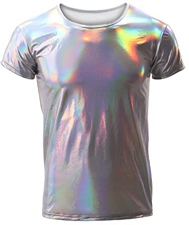 IMEKIS Herren Gl?nzend Metallic Oberteil Kurzarm Roundhals Muskelshirt Wetlook Unterhemd Disco Nachtclub Hemd 70er 80er Party Kost?m Silber M