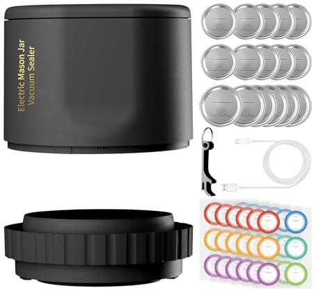 Kit de Scellage Sous Vide Électrique pour Bocaux Mason avec 15 Bouchons, 6 Feuilles d'Étiquettes et 1 Ouvre-Bouteille - Scellant Automatique avec Écran