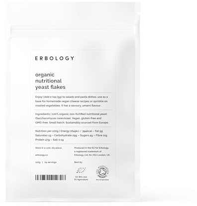 Erbology Organic Nutritional Yeast Powder 120g - 24 Servings - Non-Fortified - Immunity and Gut Health Support - Rich in B Vitamins - Sustainably Sourced in Europe - Vegan - GMO-Free