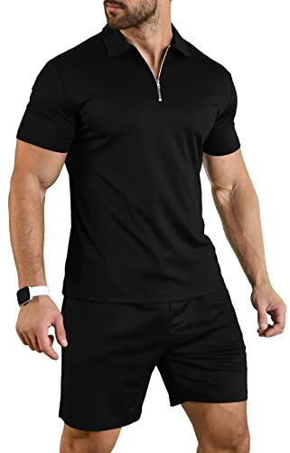 KUYIGO Herren Sommer Poloshirt & Shorts 2-teiliges Set Trainingsanzug Kleidung Mode Casual Loungewear Sets, Schwarz, XL