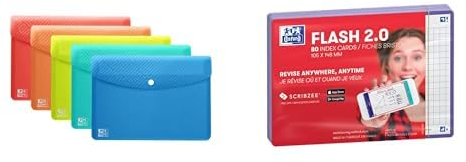 Bundle of Oxford Dokumentenasche A6, transparenter Kunststoff, 5 Farben, 5 Stück + Oxford FLASH 2.0 Karteikarten A6, Lernkarten, 105x148mm, kariert, violett, 80 Blatt