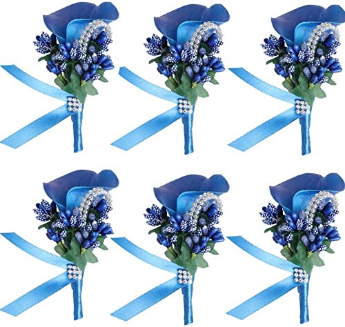 Fouriding Künstliche Calla Lily Boutonniere für Männer Hochzeit Bräutigam Trauzeuge Boutonniere für Hochzeit Party Prom Event Zeremonie Jahrestag (6, Blue)