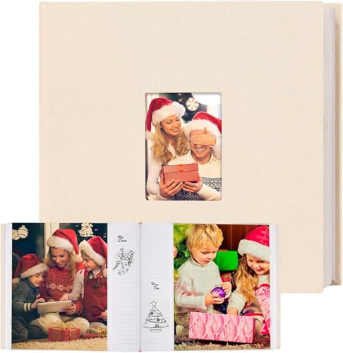 Photo Album 10x8 100 Photos with Writing Space Linen Cover with Front Window, 10x8 Picture Album, 100 Photos 8x10 Photo Album Book for Wedding Kids Travel Family Baby Pictures(Khaki)