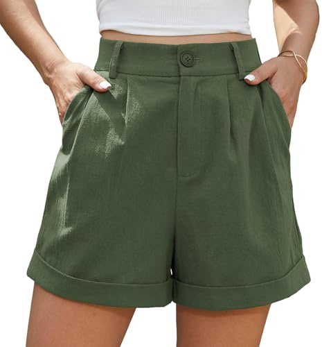 BEIGAI Short d'été en lin pour femme - Taille haute - Fermeture éclair - Ourlet enveloppant - Jambe large avec poches