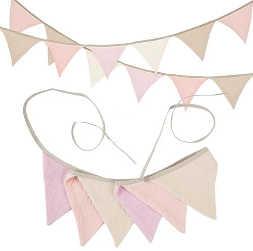 Wimpelkette aus 100% Musselin - Rosa Girlande für Kinderzimmer und Familienbetten, 1,9 M