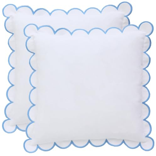 BEBE BASK Scalloped Pillow Cover Set of 2, 18x18, 100% Cotton - White/Blue