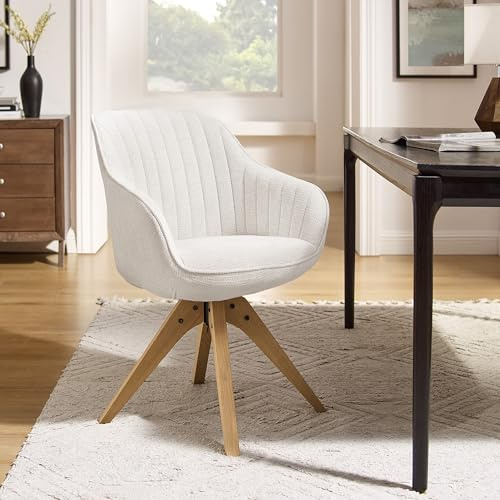 Zouron Drehstuhl Esszimmer Holzbeine - Küchenstuhl Beige Leinen Polsterstuhl mit Armlehnen Sessel Eichenholzbeine bis 130kg Belastbar Sitzfläche 43x43cm Wohnzimmerstuhl