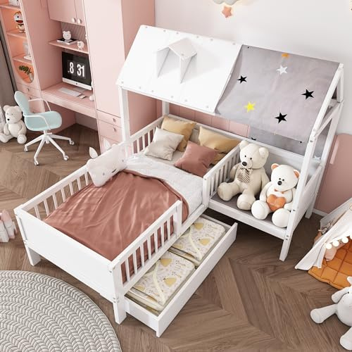 xixiworkshop Kinderbett 90x200cm mit Stauraum, Bett mit Schubladen Hausbett aus Holz mit Zeltstoff und Sitz 80x71x40cm (LxBxH) ohne Matratze