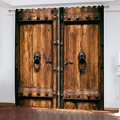 3D Retro Brown Wooden Door Blackout Curtains for Kids Bedroom Set of 2 Panels 200x210cm Grommet Curtains for Living Room Thermal Insulated Noise Reducing Curtains