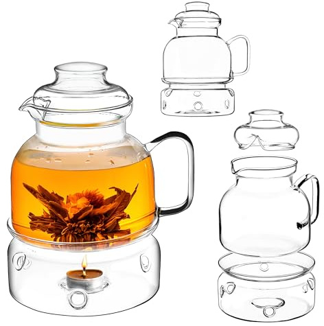 KADAX Tekanna 1,5 l med värmare-set, glastekanna med tevärmare och lock, glaskanna utan sil för löst te, kanna av glas, teservis (utan sikt)