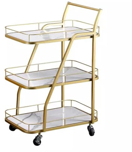 3-stöckiger Aufbewahrungswagen mit Griff, rollender Getränkewagen für Zuhause, Küche, weißer Marmor, Holz und goldener Rahmen, Barwagen, Mehrzweck-Servierwagen-Regal.