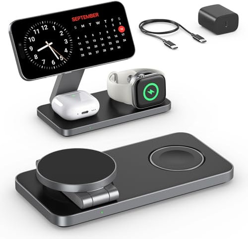 Caricatore Wireless Stazione 3 in 1 Mag Safe,Stazione di Ricarica Pieghevole Inductive,Portatile Magnetico Charger per iPhone 16/15/14/13/12, Apple Watch 10/9/8/7/6/SE/5/4/3, per AirPods Pro