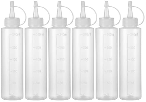 FHISKUNYU Bouteille Sauce 6 Pcs 250ml - Bouteille à Condiments Transparent avec Presser Les Bouteilles, Flacon Souple en Plastique Résistant pour Cuisson, Ketchup, Mayonnaise​