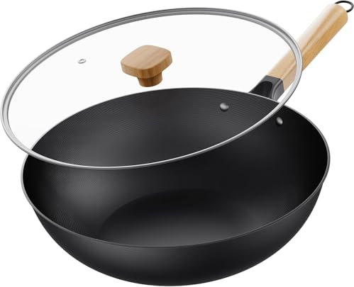 Jobin 30cm Wok Antiaderente con Coperchio, Wok Induzione Senza Rivestimento Chimico e Grande Capacità per Porzioni di cibo per 3-5 Persone, Ideale Padella per Fornelli a Induzione, Elettrici e a Gas