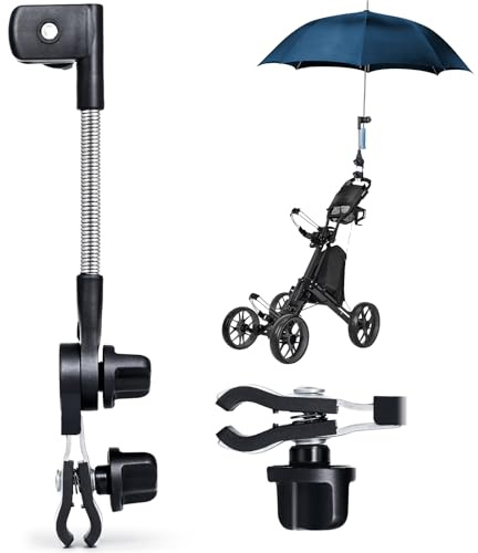 nediea Golf Umbrella Holder for Trolley, Adjustable Pram Connector Clip to Handlebar, Umbrella Stand for Stroller, Baby Pram Umbrellas Attachment, Universal Clamp for Buggy, Wheelchair, Beach Chair