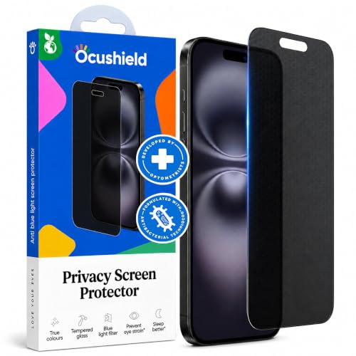 Ocushield Protection ecran confidentialite iPhone 16 Pro Max | Compatible ecran 6,9 pouces. Verre trempe 9H anti-espion. Filtre UV et lumiere bleue. Concu par optometristes au R-U.