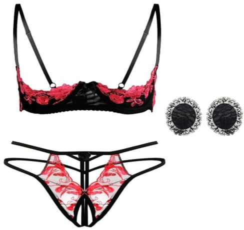 HOTSO Ensemble de lingerie pour femme, en dentelle florale, 2 pièces, nuisette sexy brodée demi bonnet, soutien-gorge push-up, porte-jarretelles réglables, soutien-gorge et slip