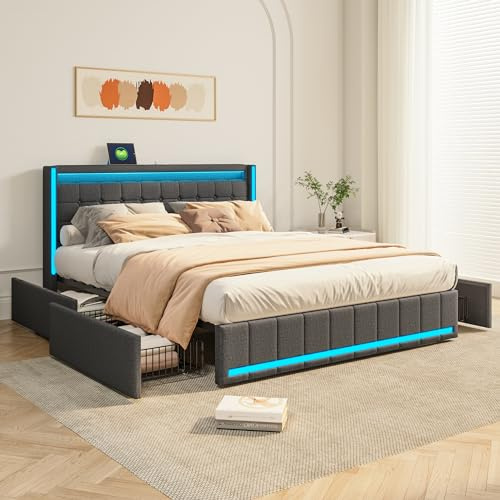 FEEOHOME Schubladenbett 140 x 200, gepolstertes Doppelbett, Bett mit 4 Schubladen und Lattenrost, Kopfteil mit LED und USB, Doppelbett für Erwachsene, Jugendliche, Jungen, Leinen, Dunkelgrau