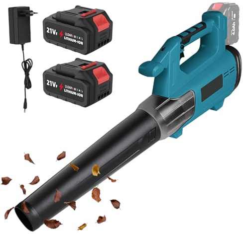 Laubbläser mit Akku 21 V – Laubbläser, kabellos, mit Akku und Ladegerät, 36 m/s, 600 cFM / 6 Geschwindigkeitsstufen, tragbar, für Garten, Hof, Laub, Schnee (2 Batterien)