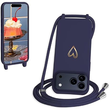 CaseLover Handyband kompatibel mit iPhone 17 Pro Hülle mit Band, Navy Blau | Herz Muster, Silikon Necklace Handyhülle mit Abnehmbar Kordel zum Umhängen, Stossfest Bumper Handy Schutzhülle Case 6.3