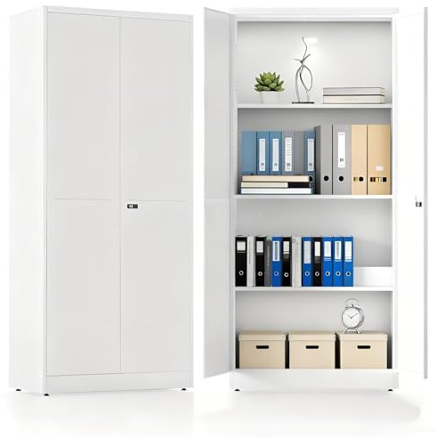 Aktenschrank, Abschließbarer Metallschrank, Mehrzweckschrank mit Kombinationsschloss, Werkzeugschrank, Verstellbare Regale, Garage, Abstellraum,Büro, Wohnzimmer, 180cm x 80cm x 40 cm, Weiß