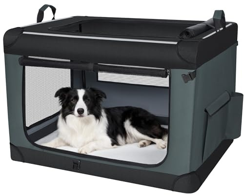 Fobyfurny Hundebox Faltbar mit 3-Türiger, 91,4 x 63,5 x 63,5 cm, Grau | Transportbox Hund, Tragbare Hundetasche mit Reflektierenden Streifen, Taschen, Oxford-Gewebe, Matte ist Abnehmbar, FPDT007OG1