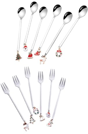 ARTIBETTER Juego de 12 Piezas Cucharas Elegantes y Tenedores de Helado de Acero Inoxidable Plateado Set para Postre y Café Apto para Navidad y Uso en Hogar o Restaurante