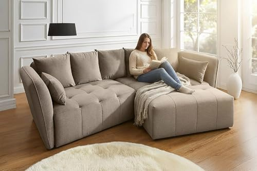 Big Sofa ROYAL - 295cm - greige - Veloursstoff - Federkern inklusive Kissen | 7 Kissen, Taschenfederkern, Nosagfederung, zeitloser Stil, Rundum-Bezug, pflegeleicht
